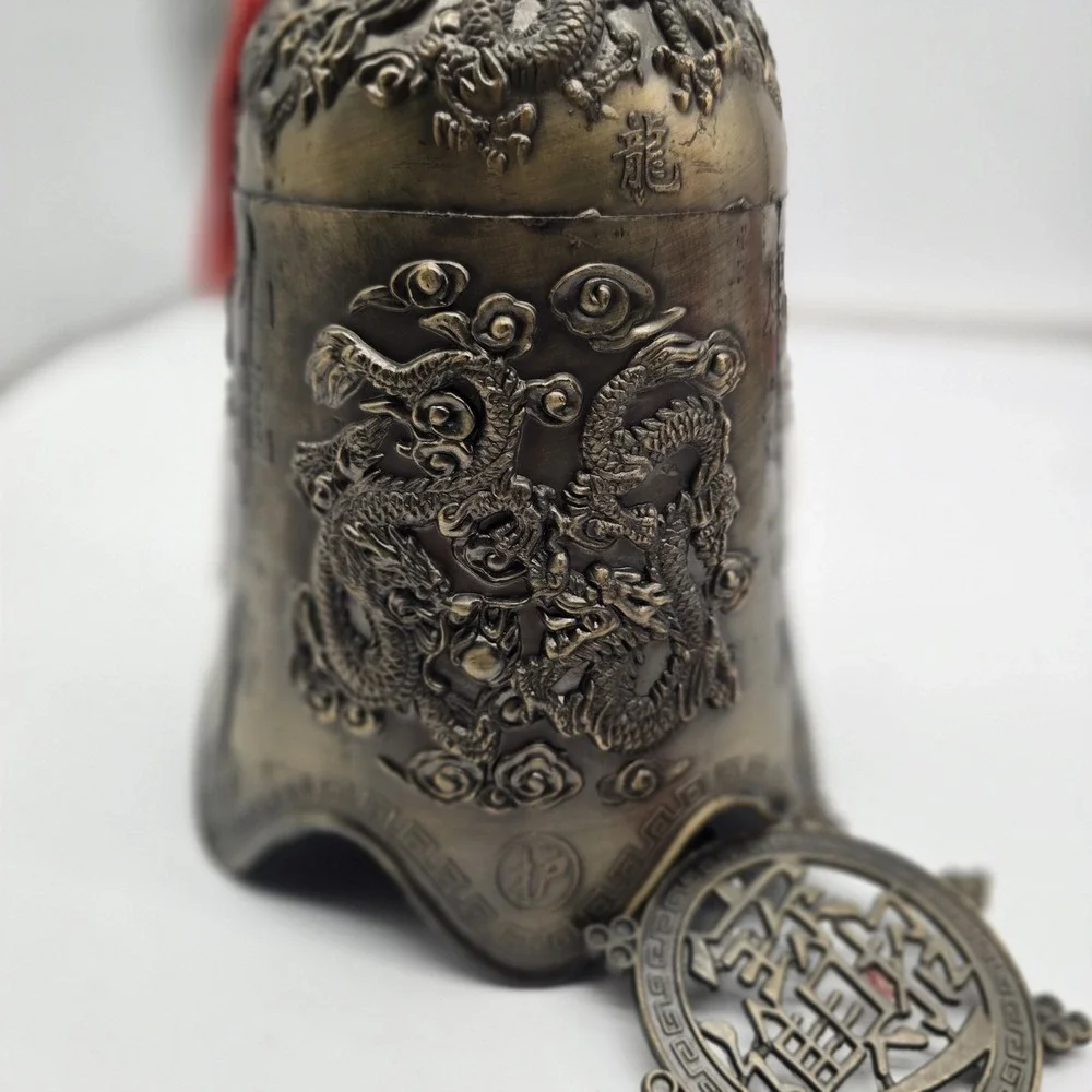 Vintage Chinese‎ Brass Bell with Dragon & Foo Dog Motif For Luck & Wealth